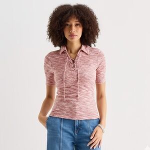 a.n.a. Lace Up Collared Short Sleeve Pink Space Dye Polo Shirt Size L NWT